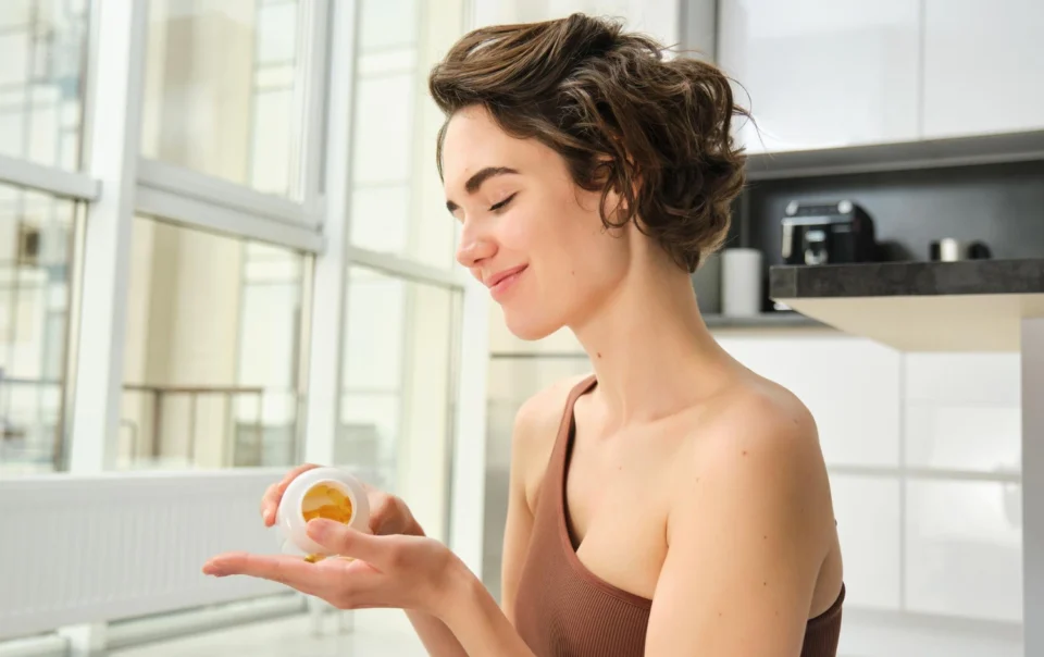 kobieta trzyma opakowanie suplementu diety i wysypuje kapsułki na rękę.